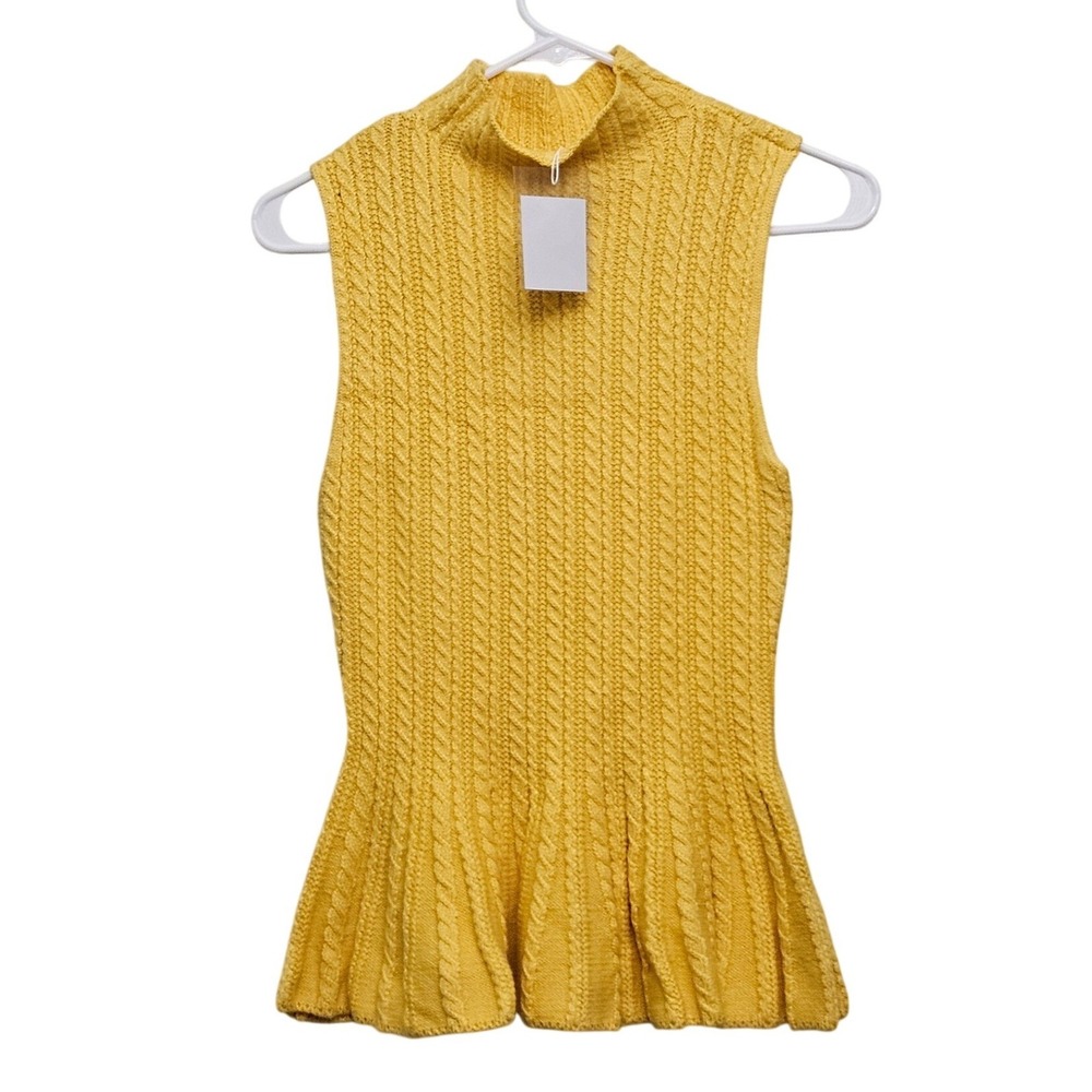 Naked Wardrobe Cable Knit Top Womens S Butter Yellow Mock Neck Peplum